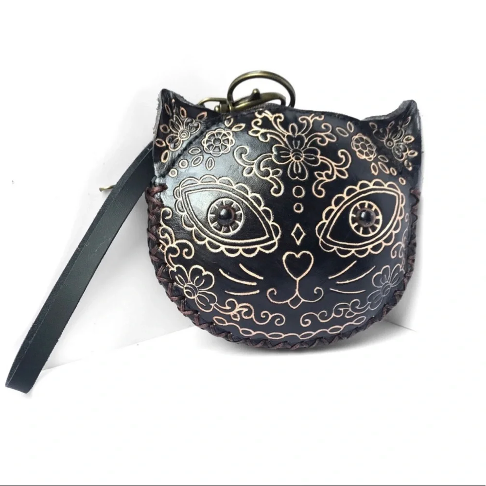 Genuine Leather Handmade Sugar Skull Kitty Coin Purse Wristlet - Picture 2 of 4